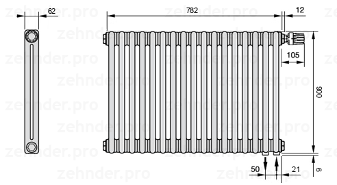 Схема (чертеж) Радиатор Zehnder Charleston 2090/17 №V002 Белый глянцевый RAL 9016